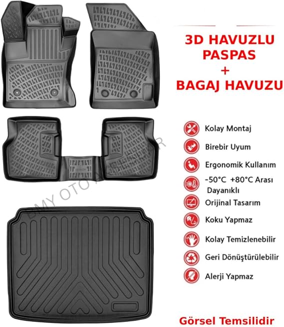Rizline Ford Ecosport Üst Bagaj 2017 Sonrası İle Uyumlu 3D Araca Özel Paspas ve Bagaj Havuzu Bmy