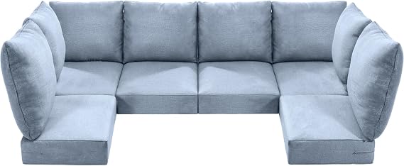 Luxury 24x24x6 Outdoor Seat Cushions for 6-Seat Sectional Sofa Set of 6 - Water-Repellent 14-Piece Patio Cushion Set for Outside Wicker Loveseat Chair L-Shape Couch - Baby Blue/Classic