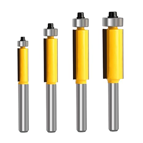 Flush Trim Router Bit Set, 1/4" Shank, 4PCS | Top Bearing, 1/4" Milling Cutting Diameter, Cutting Heights: 1/4", 5/16", 3/8", 1/2"