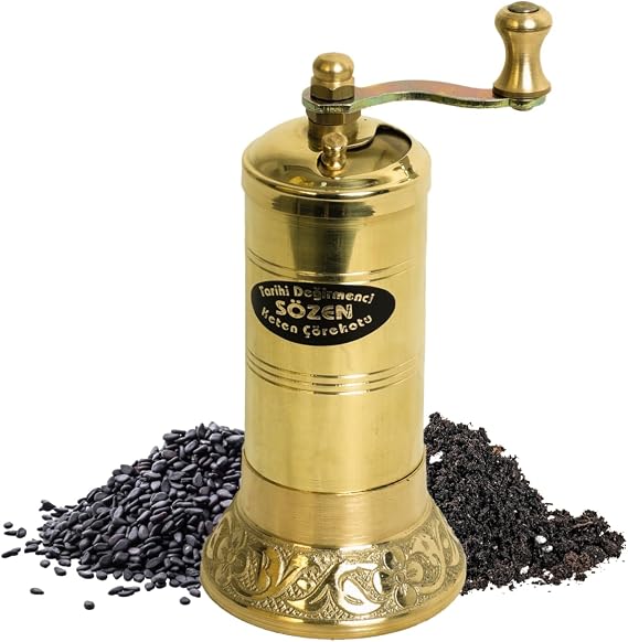 Sozen Black Seed Grinder 4.33 Handmade Manual Brass Mill with Stainless Steel Conical Burrs Portable Hand Crank Small Seed, Spice Mill Grinder, Portable Herb Turkish Mill