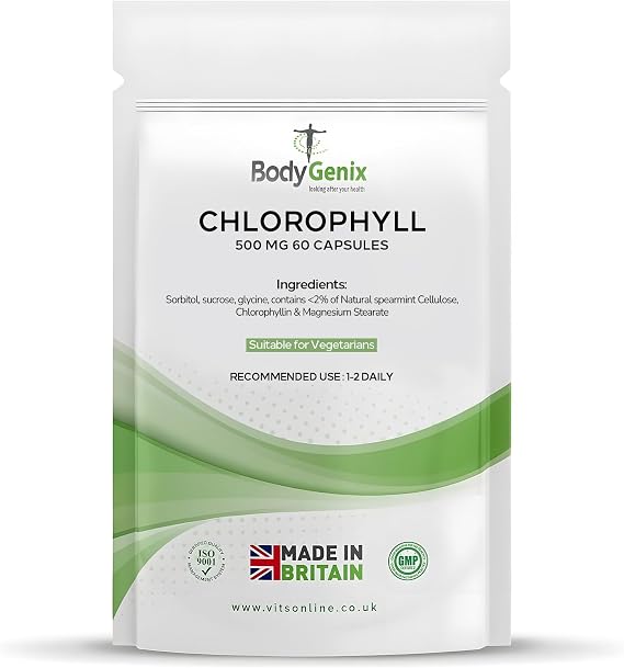 Bodygenix Chlorophyll Capsules - 500mg per Serving Anti Inflammation Detoxifier Healthy Skin Weight Management - Non GMO Vegan Supplement 60 Capsules