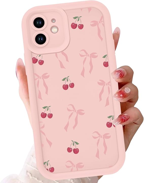 Phoona Case for iPhone 11 6.1", Cute Aesthetic Design Bow Cherry Preppy Pattern, Silicone Soft TPU Shockproof Protective Camera Cover Phone Case for Girls Women, Pink Bow