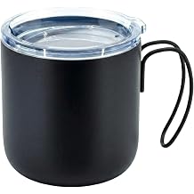 Paslanmaz Çelik Termos Mug - 320ml Vakumlu Seyahat Bardağı - Sızdırmaz Şeffaf Kapaklı ve Ergonomik Saplı Kamp Kupası - Ofis ve Dış Mekan İçin Isı Yalıtımlı Modern Kupa (Siyah)