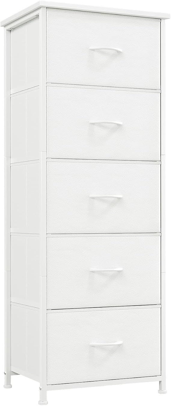 Somdot Tall Chest of Drawers for Bedroom, 5 Drawers, White | Tallboy, Fabric Drawers Storage Unit, Living Room, Metal Frame, Engineered Wooden Top, Easy-Pull Handle, 30D x 42W x 114.5H