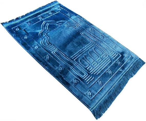BML Muslim Prayer Mat Blue Portable Soft Velvet Janamaz Namaz Rug Thick Non-Slip Turkish Carpet for Men and Women Great Comfort Ideal for Ramadan Eid Gift