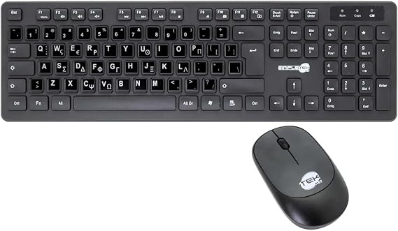 SIMPLETEK Kablosuz Fare ve Klavye Kiti - QWERTY GR (Yunanca) Düzen Çıkartmaları - Standart Klavye Siyah M&K - MK-03B