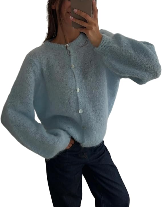 Women's Crewneck Solid Cardigan Casual Button Down Long Sleeve Knitwear Sweater Tops