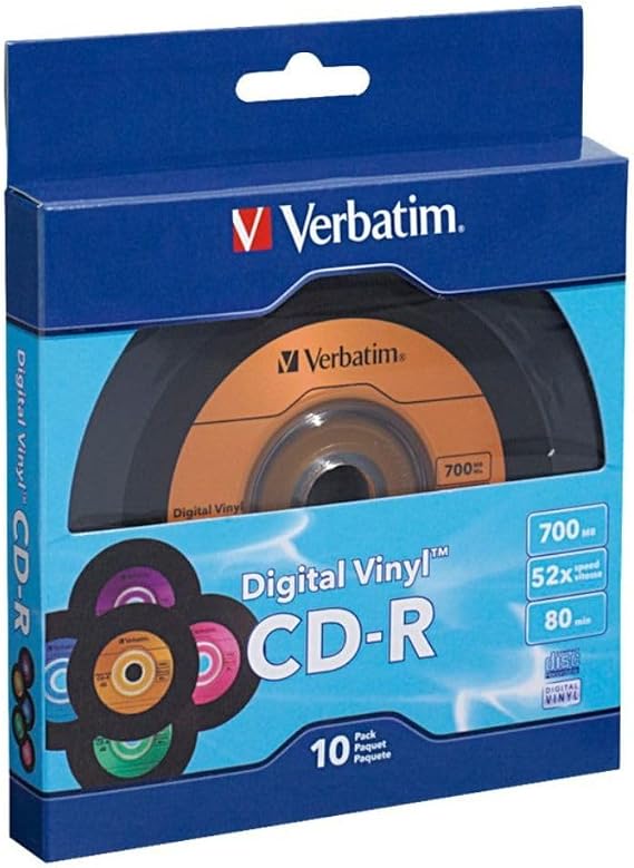 Verbatim CD-R Blank Discs 700MB 80min 52X Recordable Disc for Data and Music with Digital Vinyl Surface - 10pk Bulk Box Blue/Green/Orange/Pink/Purple