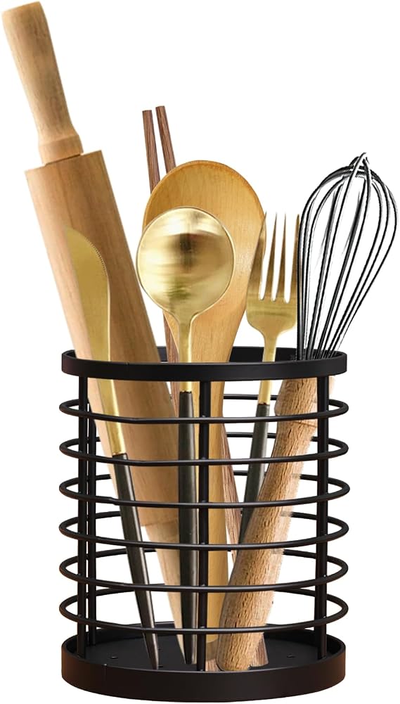 Utensil holder for Kitchen Counter - 5.2" x 5.2" x 6" Large Round Utensils Holder with Wooden Base Matte Black Cooking Utensil Holder,Kitchen countertop Utensil Organizer