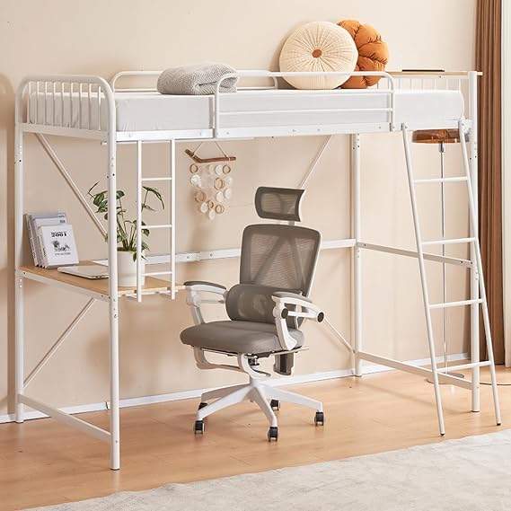 Loft Bed for Adults with Desk, Pipe Bed, Loft, Steel Bed with Ladder, Single Bed, Pipe Bed Frame, With Outlet, Earthquake Resistant, Durable, Under Bed Storage, Space Saving, Height 170cm