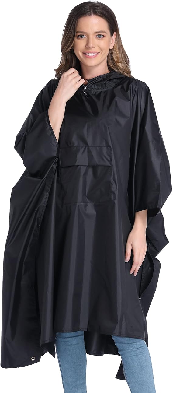 COOY Rain Poncho Waterproof Raincoat Jacket for Adults with Hooded for Men Women-Black