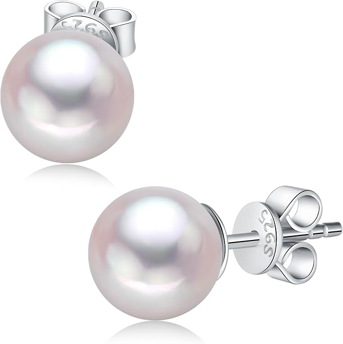 Pearl Earrings for Women 925 Sterling Silver Round White Pearl Stud Earrings Jewelry Gifts for Women 8MM