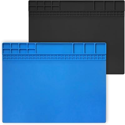 Soldering Mat Silicone Repair Mat Workbench Mat for Cellphone, Computer, PCB board Electronic Repair Mat for Soldering Station Iron Gun with Size 16 x 12 Inch（Blue & Black）