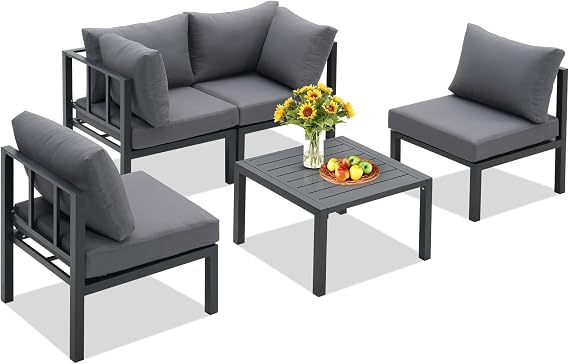 Outdoor Sectional Metal Sofa, Modern Patio Conversation Sets with Cushions for Porch Deck Poolside Balcony