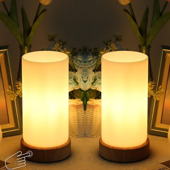 Bedside Lamps, 2 Small Touch Glass Shade Dimmable Table Lamp for Bedroom | 3-Way Dim, 2700K Warm Light, Wooden Grained Base, Bulb Included, UK Mains Plug, Compact for Bedside Table Dorm Living Room [Energy Class F]