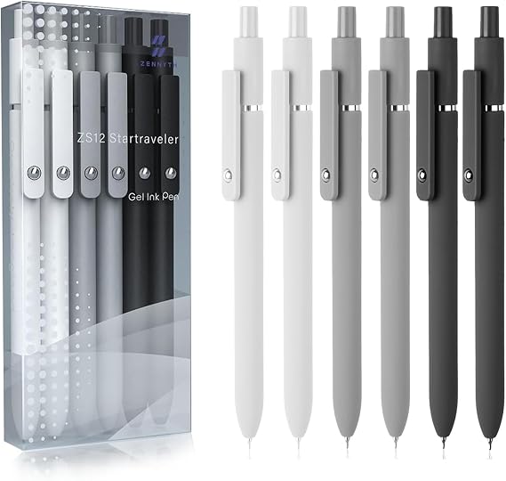 MIUTME Gel Pens, 6 Pcs 0.5mm Fine Point Black Ink Pen With Smooth Writing, Office Desk Accessories, School Supplies Gifts for Men Women, Quick Dry Pens For Journaling, Black/Gray/White