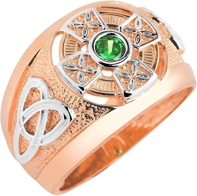 Men's 10k Two-Tone White and Rose Gold Trinity Knot Band Green CZ Celtic Cross Ring