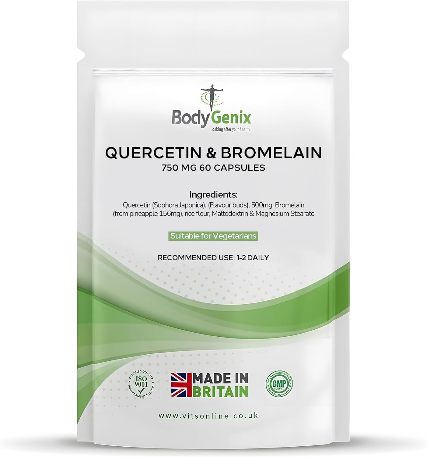 Bodygenix Quercetin & Bromelain Capsules - Immune System Digestive Health Joints Support Antioxidant Boost High Strength Formula Natural Supplement - 60 Capsules 2 Month Supply