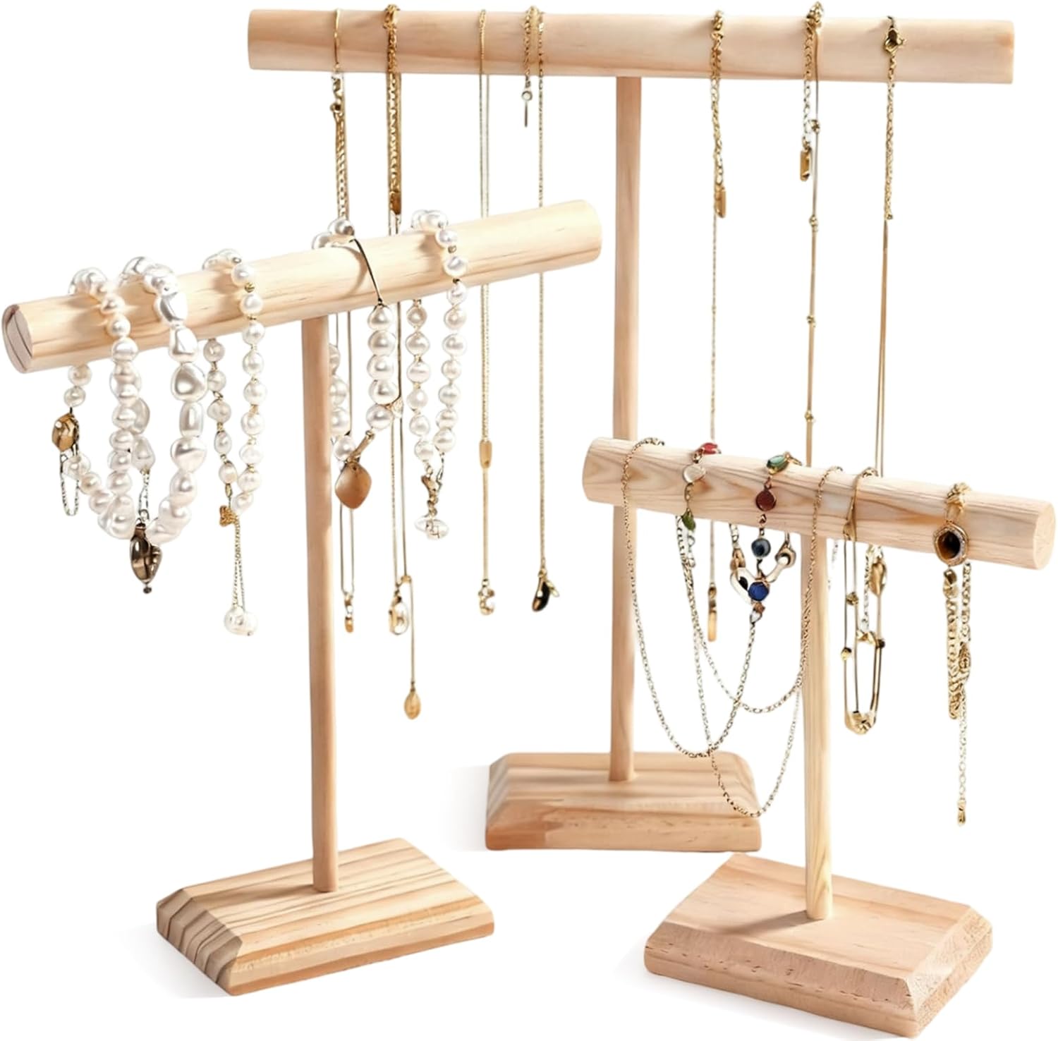 3 PCS Necklace Display Stand, 3 Sizes Jewellery Stand Detachable Wooden Necklace Holder Organizer T-Bar Bracelet Holder for Necklaces Bracelets Rings Earrings