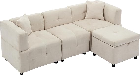 Fabric Sectional Sofa with Ottoman, L-shaped Sofa Couch Reversible 3-Seater Chaise Lounge Living Room Home Office Furniture (Beige)