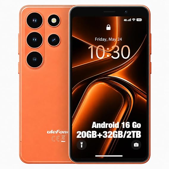 Ulefone Note 22 Compact Unlocked Smartphone, Android 16 Go 4G Cell Phone | 20GB RAM (3GB+17GB virtual), 32GB ROM, 2TB expandable, removable 3000mAh battery, Dual SIM, Face Unlock, USB-C, Cosmic Orange
