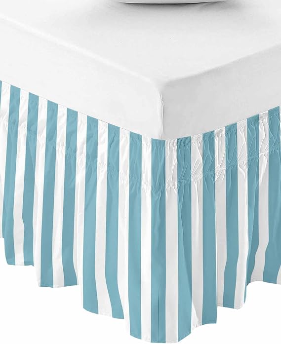 Aqua Striped Bed Skirt Queen Size 16 Inch Drop, Farmhouse Adjustable Elastic Bedskirt Dust Ruffle for Queen Bed, Blue White Stripes Wrap Around Bed Skirts Luxurious Pleated Bed Frame Cover