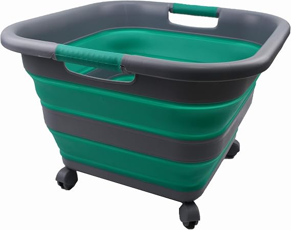 SAMMART 39L Foldable Plastic Laundry Basket with Wheels Foldable Laundry Basket with Wheels Portable Washing Tub Space Saving Basket (1 Dark Grey/Bluish-Green)