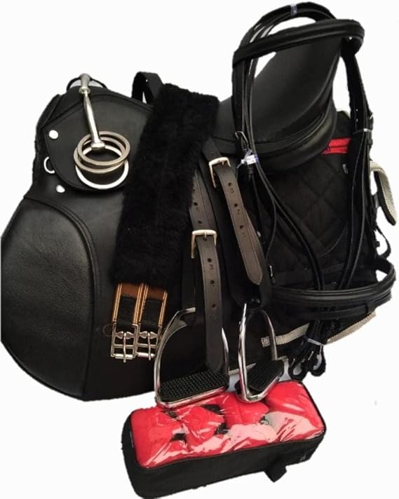Leather English Saddle Riding Horse Saddle Starter Kit for Horse Riding Leather Jumping Saddles Gift Set Black Saddle 8 pcs Pack