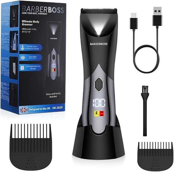 BarberBoss Men’s Body Groomer, Beard Trimmer, Wet/Dry Electric Shaver for Chest, Groin & Intimate Areas, Waterproof Design with Dual-Speed, Travel Lock & Charging Stand