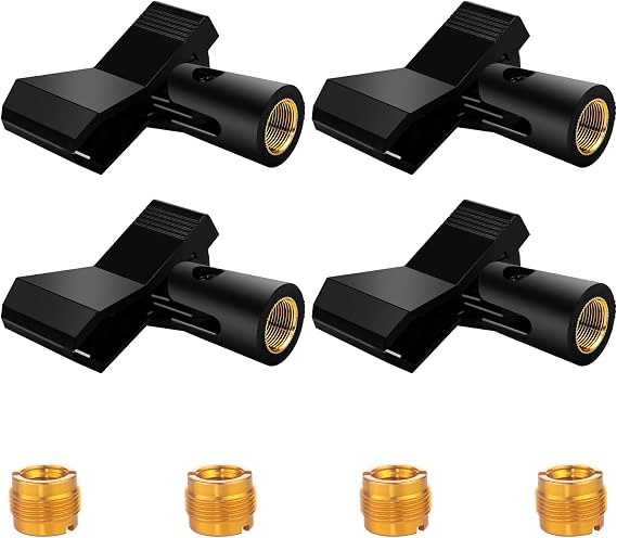 4 Pack Universal Adjustable Mic Clips for Stands, Wireless Microphone Holder with 5/8 to 3/8 Inch Adapter, 180 Adjustable Knob, Secure Clamp for Mic Stands