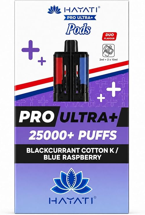 HAYATI Pro Ultra+ 25000 Pods Blackcurrant Cotton K/Blue Raspberry – Refillable Pod System Long Lasting & Easy Install