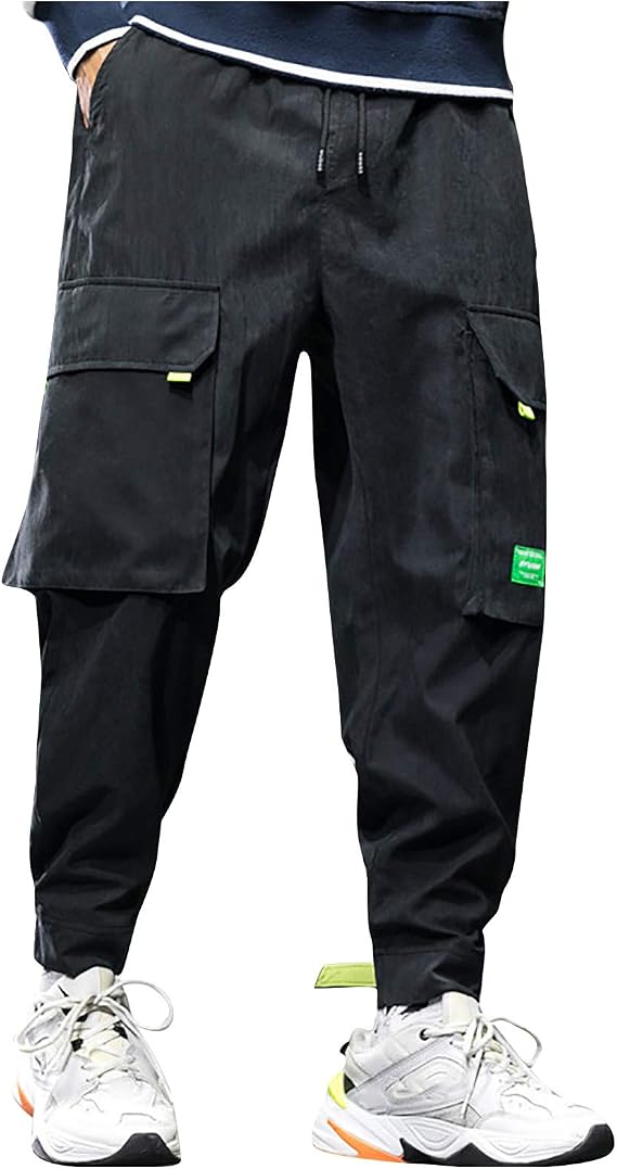 Cargo Pants for Men 2023 Drawstring Elastic Waist Slacks Solid Cargo Pants Multi Pockets Casual Loose Trousers