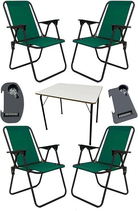 Litea 4 Adet Kamp Sandalyesi Katlanır Piknik Sandalye ve Bardaklık Yeşil + Katlanır Mdf Masa Yeşil, mnv_litea_4_mdf