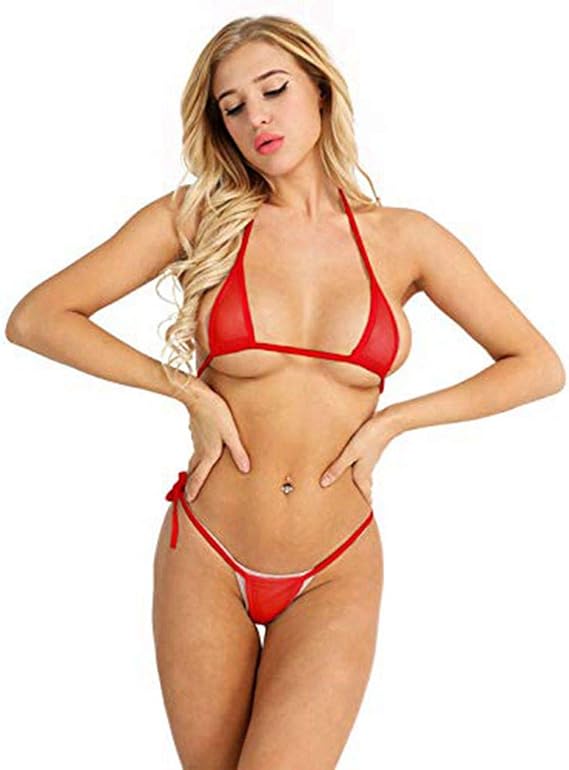 Kaerm Womens Sheer Mesh Micro Bikini Set Halter Neck Bra Top Tie Side G-String Thongs Swimsuit