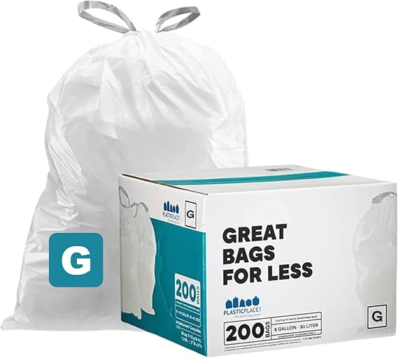 Plasticplace Custom Fit Trash Bags, Compatible with simplehuman Code G (200 Count) White Drawstring Garbage Liners 8 Gallon / 30 Liters, 17.5" x 28"