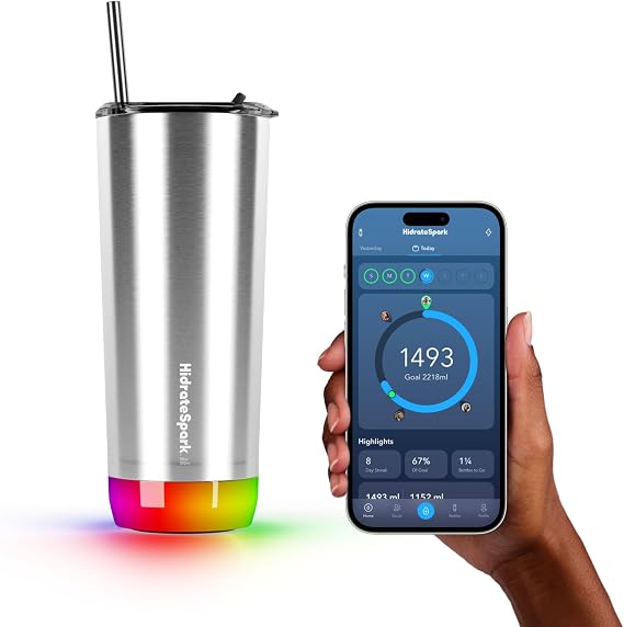 Hidrate Spark PRO Smart Tumbler Bundle Insulated Stainless Steel Tracks Water Intake with Bluetooth, LED Glow Reminder When You Need to Drink 20oz (Black)