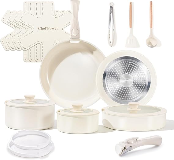 Ceramic Cookware Set Non Toxic with Detachable Handles, Healthy Nonstick Pans and Pots Set 19 Pcs, Induction Dishwasher Oven Safe Kitchen Set, PFAS PFOA & PTFE Free, Cream White