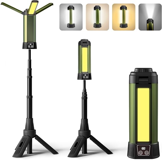 Rechargeable Work Light with Stand, Magnetic Base, Hook & Tripod (Middle) | 6000mAh battery, Telescopic tripod, Magnetic base, Hanging hook, 3 metal floor spikes, Storage bag, Camping