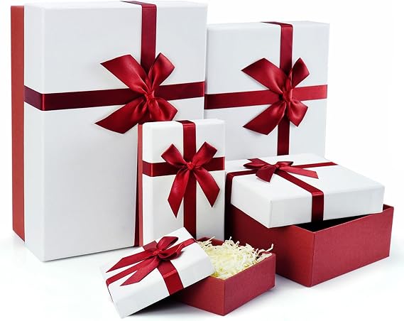 Gift Boxes for Present, 5 Luxury Gift Box with Lids, Luxury Gift Boxes with Ribbon for Christmas, Birthday, Anniverssaries, Celebration, Weddings, etc.(Red/White)