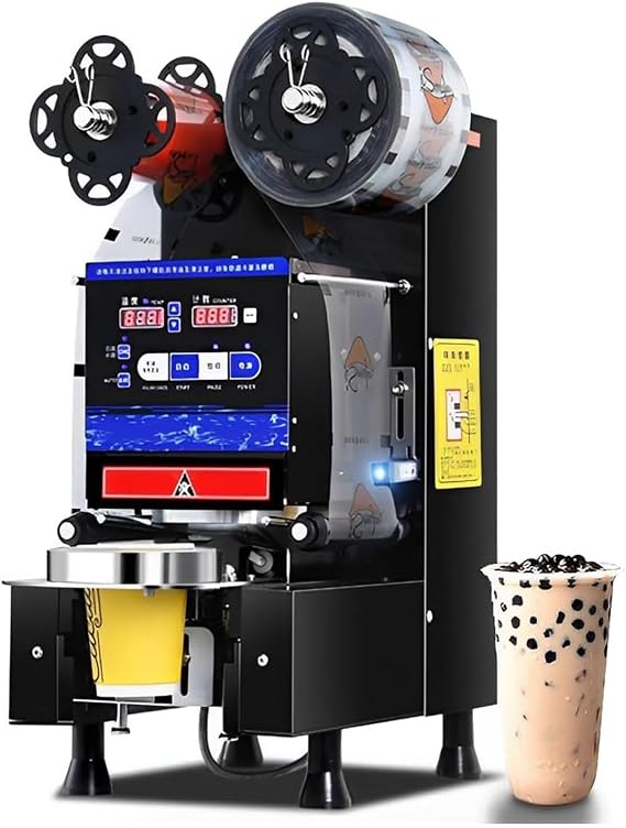 Commercial Fully Automatic Bubble Tea Cup Sealing Machine,600-800 Cups/H Digital Control LCD Panel Cup Sealer,for Milk Tea Coffee, Manual Automatic Dual Mode,Black