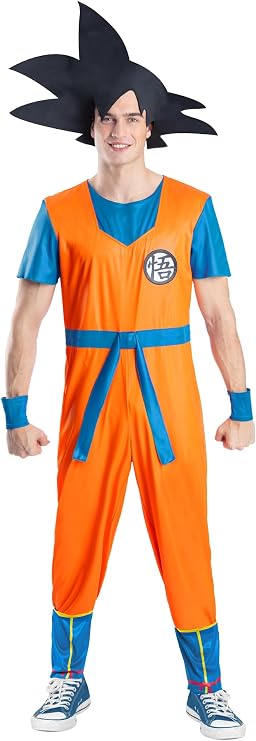 Smiffys Dragon Ball Z Goku Costume Adults, Official Licensed Anime Cosplay Outfit Orange Blue Jumpsuit, Wristbands, Spiky Black Goku Wig Headpiece, Men’s Saiyan Fancy Dress Halloween, Parties