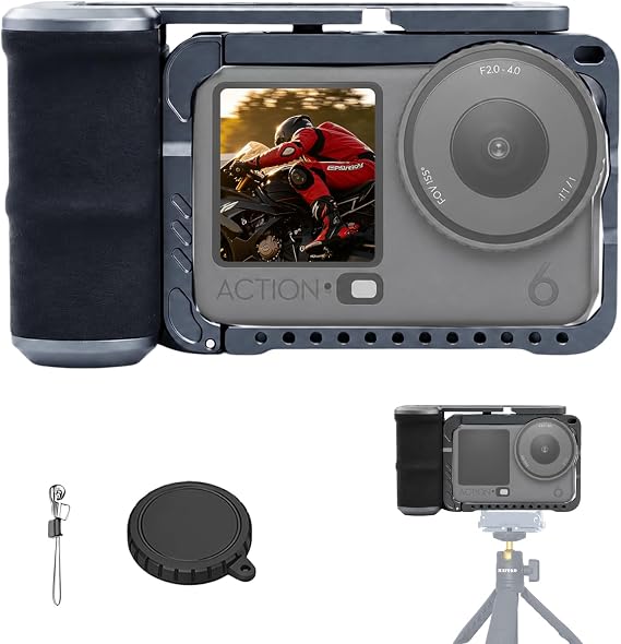 Osmo Action 6 Handle Grip Kit with Aluminum Frame Cage, Street Photography Vlogging Grip Compatible for DJI OSMO Action 6, Quick Release, Shutter Button, Cold Shoe, 1/4 for Tripod, DSLR Style