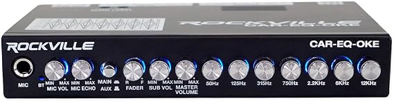 Rockville CAR-EQ-Oke Car Audio 7 Band Equalizer with Bluetooth, Mic Input | Karaoke with Echo, 1/2 Din, 7-Volt Line Driver, Aux Input, Front/Rear/Sub Outputs, Crossover, Metal Chassis, Blue LED Knobs