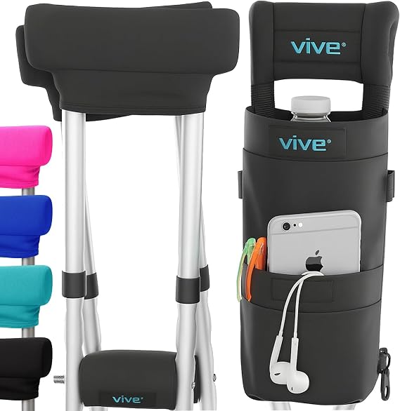 Vive Crutch Pads, Bag, Hand Grips (5 PCS) - Crutches for Adults Armpit | Padding, Hand Grips, Accessories Pouch - Soft Tips Medical Padded Handles for Kids, Men, Women - Lightweight