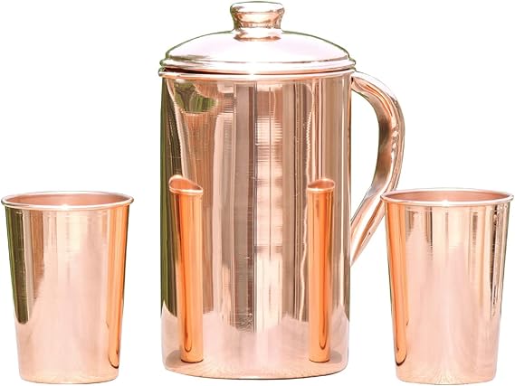 Copper Pitcher (Jug) with 2 Tumblers Glossy 1.5Lt (50.72 US Fl Oz) Capacity, Unlined, Uncoated and Non-Lacquered for Ayurveda Health Benefits made of Pure Copper