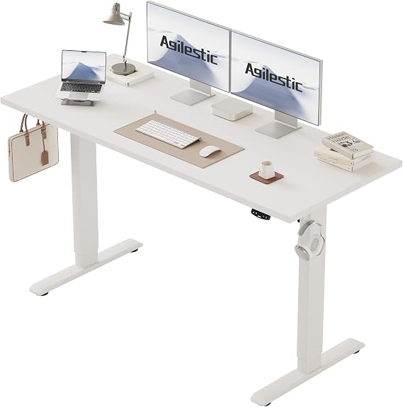 Agilestic Electric Standing Desk, 2 Memory Buttons, 150x60cm | Height Adjustable Desk for smart Pannel, 72-116cm, Sit Stand Desk with 2 Hooks, Home Office Desk, 2 pcs Desktops, White