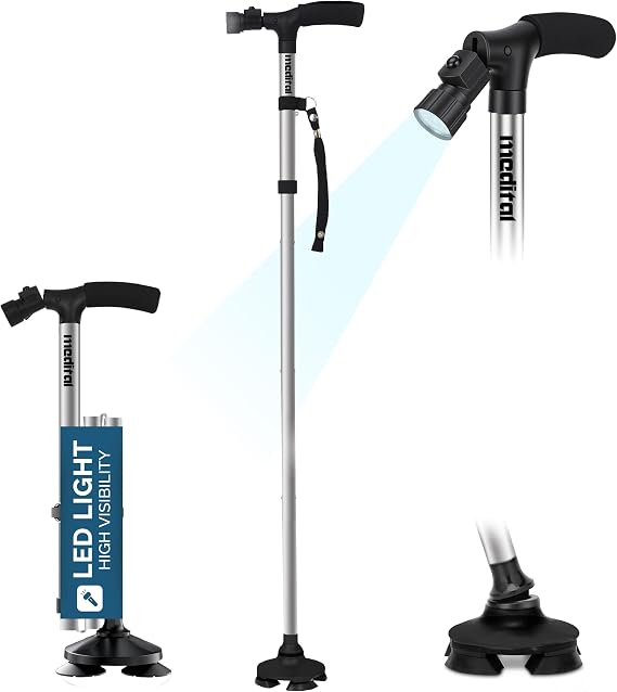 MEDITAL Folding Walking Stick with LED Light - 84.5-94.5cm Adjustable Walking Cane - Foldable Walking Stick for Men & Women with Extra Wide Pivoting Base - Comfortable Grip & Self-Standing Design