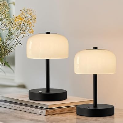 Oneach 2 Pack Cordless Table Lamps, 9 Portable Rechargeable Battery Powered Desk Lamp, Opal Glass Shade, 3 Level Brightness Dimmable, Mushroom Table Lamps for Bedroom, Living Room, Outdoor, Black