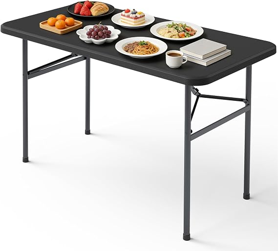 4ft Folding Table, Heavy Duty Plastic Card Table with Foldable Steel Legs, Metal Frame Support up to 400 lb, Portable for Indoor, Outdoor, Picnic, Camping, Dining, Party, Black