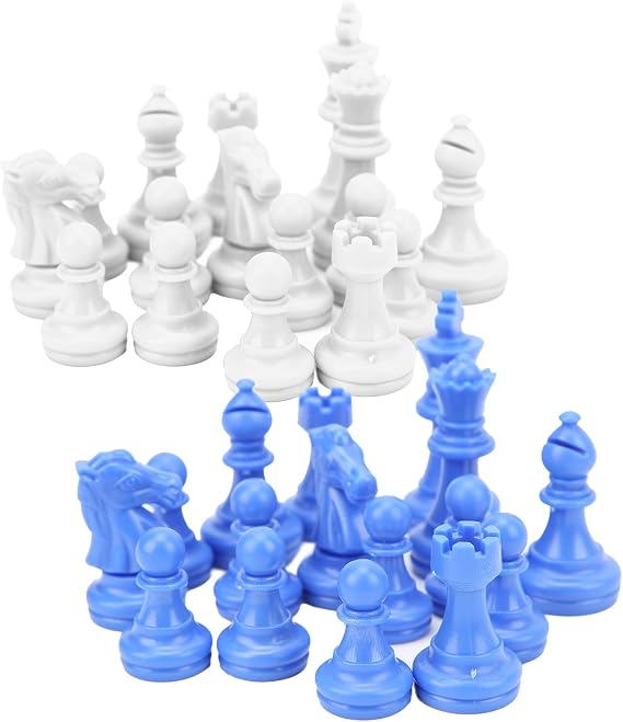 32PC Plastic Chess Pieces Set, King Height 49mm, Blue and White Chessmen with Hollow Design, Ideal for Home School Coffee Shop Chess Lovers